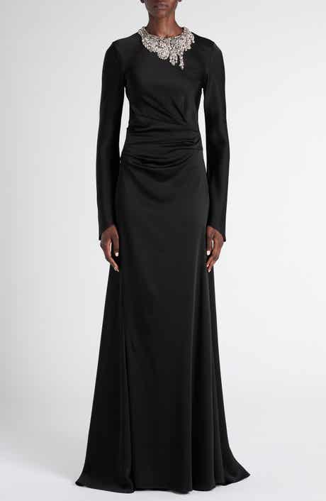 Twisted Crystal Embellished Long Sleeve Gown