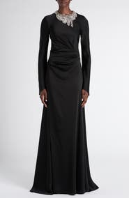 McQueen Twisted Crystal Embellished Long Sleeve Gown