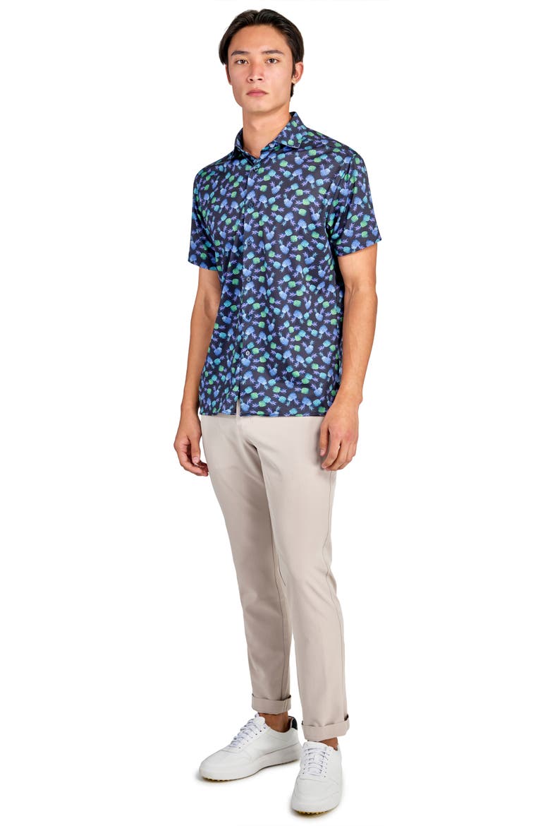 Regular Fit Pineapple Print Recycled Performance Golf Button-Down Shirt, Alternate, color, NAVY