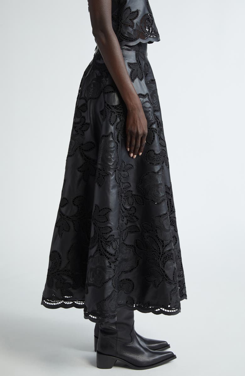 Johanna Ortiz Mesopotamia Embroidered Eyelet Faux Leather Midi Skirt, Alternate, color,
