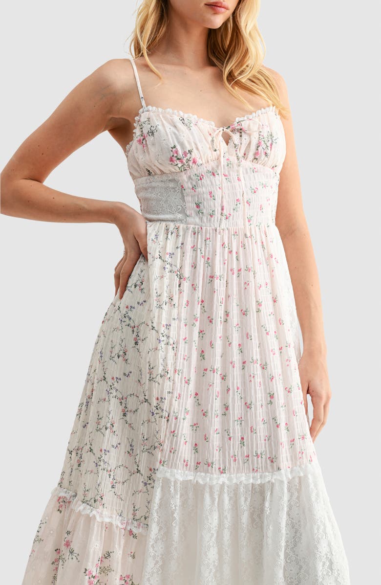 All in Favor Patchwork Sweetheart Neck Midi Dress, Alternate, color, Ivory Multi Floral