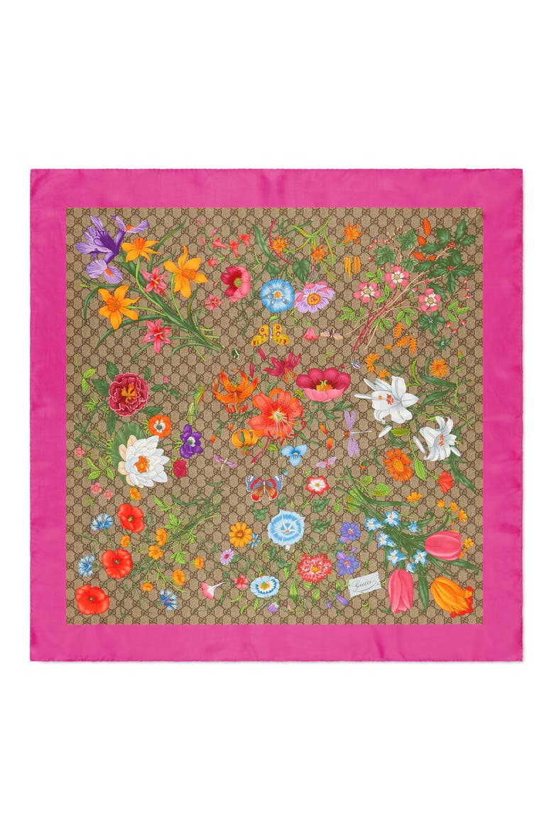 GG Flora Print Silk Twill Scarf, Main, color, BEIGE/ PINK