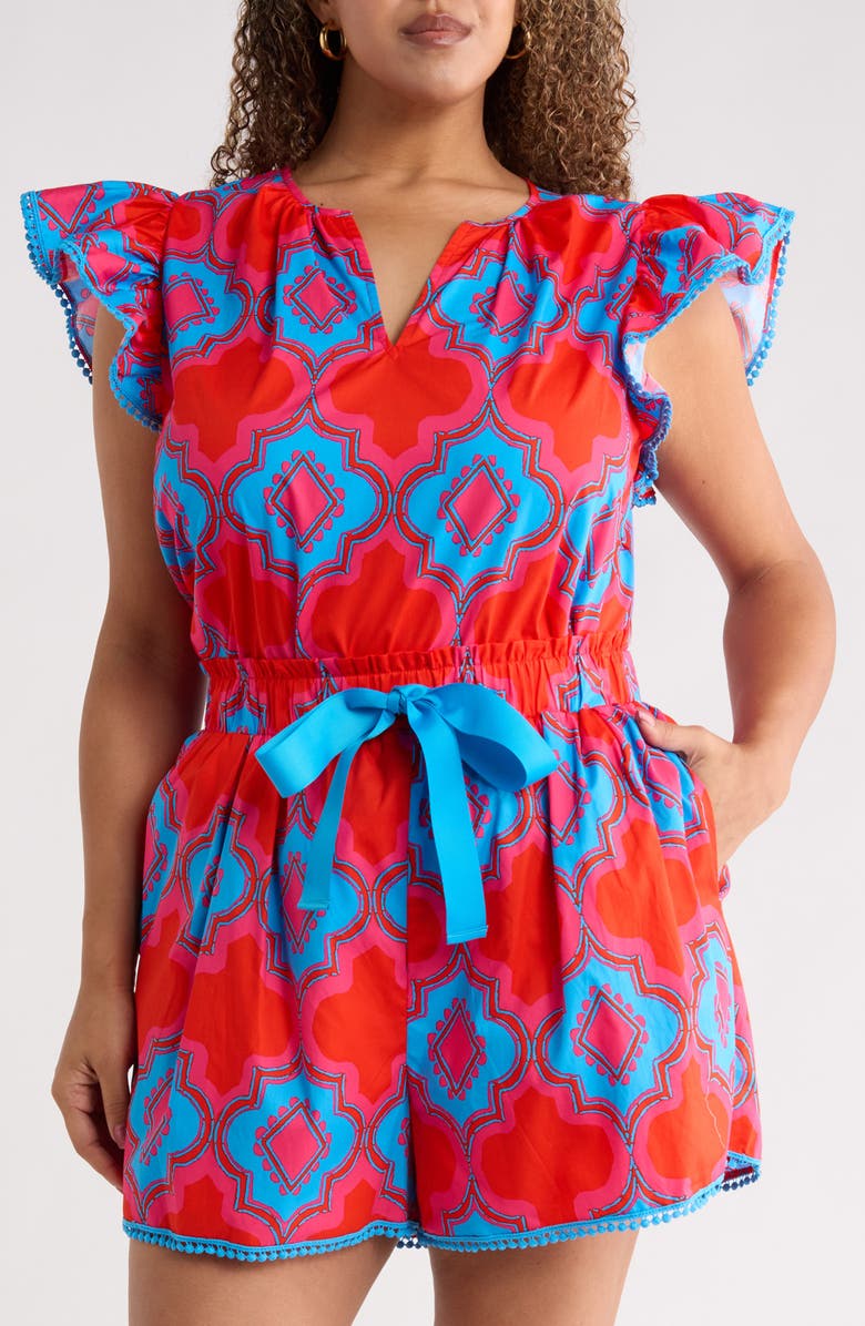 SUGARLIPS Devant Carya Ruffle Cotton Top, Main, color, Red Blue