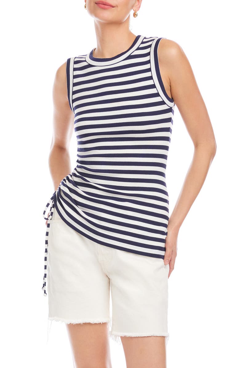 FIFTEEN TWENTY Tia Stripe Ruched Rib Tank, Main, color, Navy W/ White