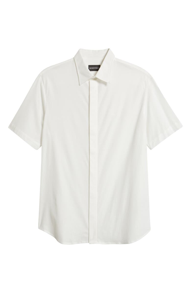 Emporio Armani Textured Stripe Short Sleeve Knit Cotton Button-Up Shirt, Alternate, color, Solid White