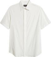 Emporio Armani Textured Stripe Short Sleeve Knit Cotton Button-Up Shirt