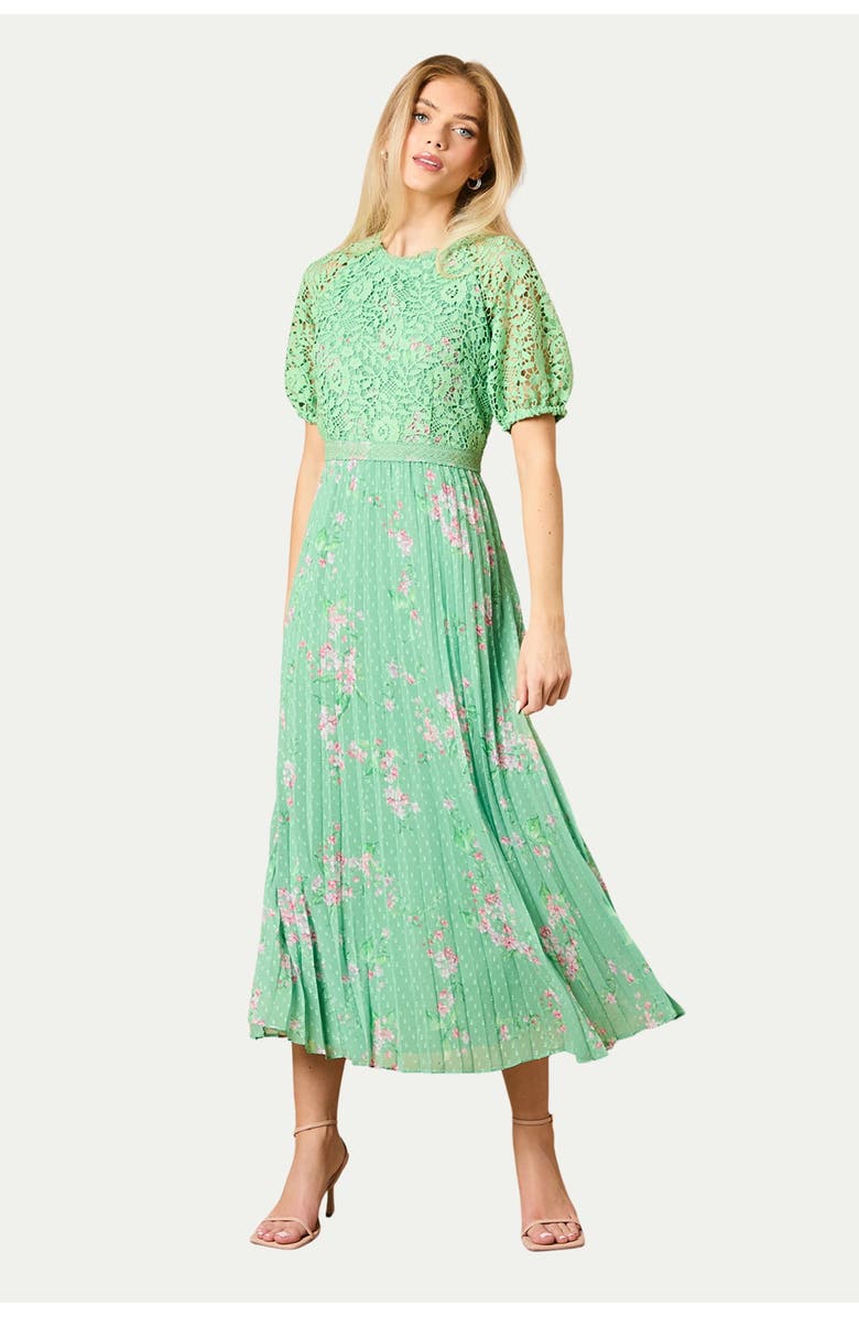 Oasis Floral Lace Bodice Pleated Midi Dress, Main, color, Sage