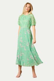 Oasis Floral Lace Bodice Pleated Midi Dress