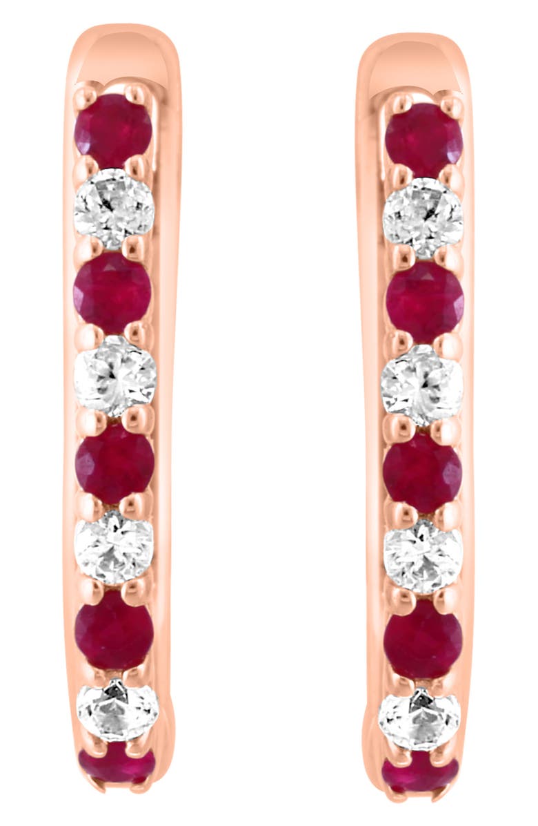 EFFY 14K Rose Gold Plated Sterling Silver White Sapphire & Ruby Huggie Hoop Earrings, Alternate, color, Red