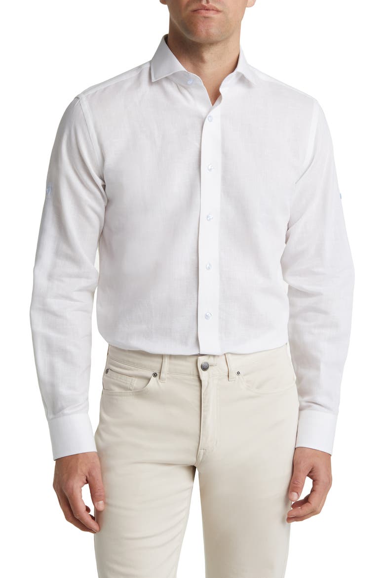 Trim Fit Solid Cotton & Linen Dress Shirt, Main, color, WHITE