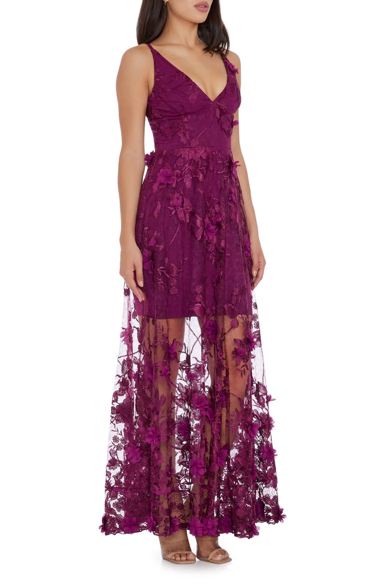 Sidney Deep V-Neck 3D Lace Gown, Alternate, color, DARK MAGENTA