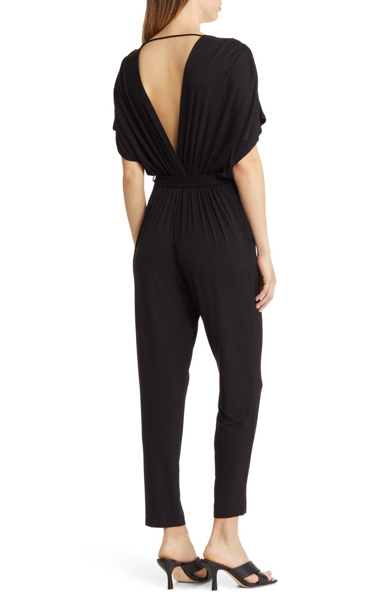 Fraiche by J Pleated Wide Sleeve Knit Jumpsuit, Alternate, color, Black
