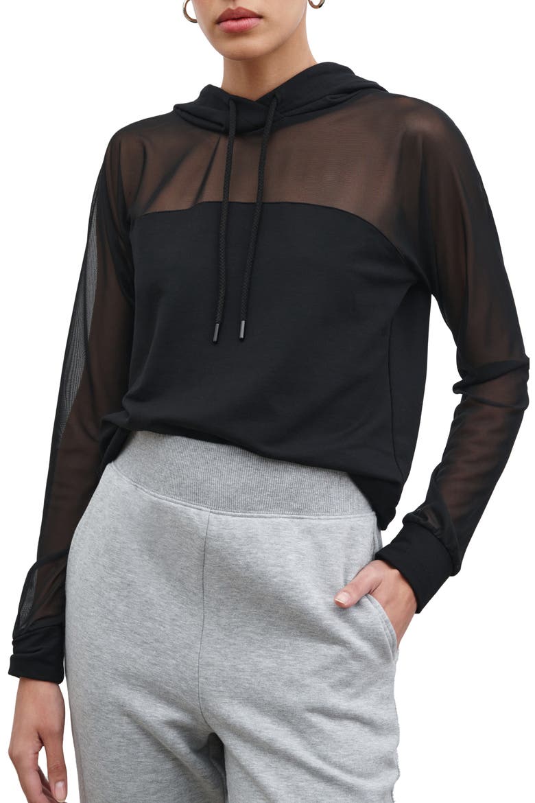Park Sheer Mesh & French Terry Hoodie, Main, color, BLACK
