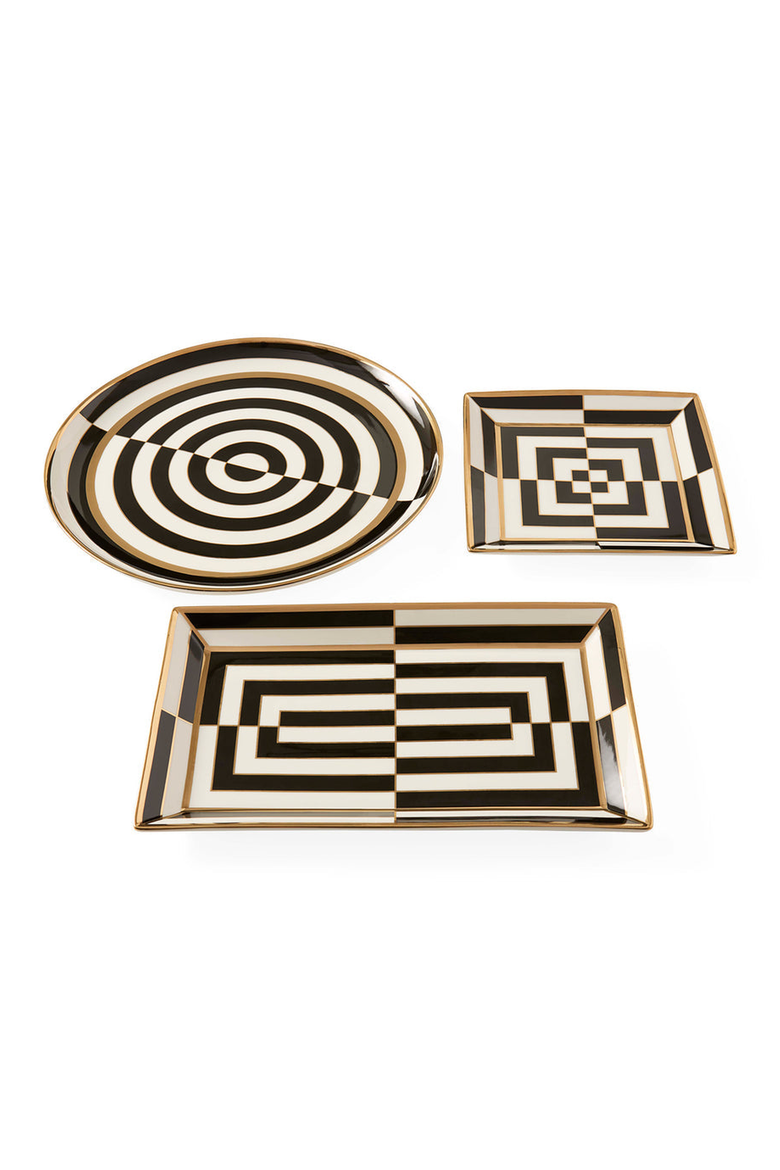 Op Art Rectangle Serving Tray, Alternate, color, Black / White / Gold