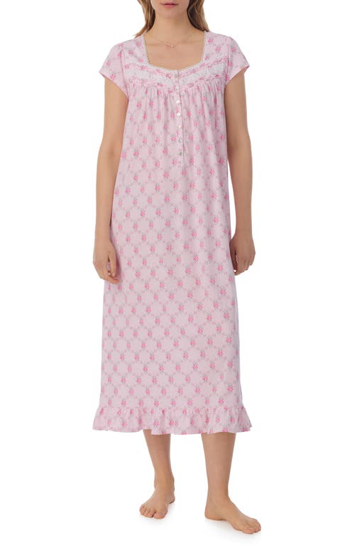 Eileen West Cap Sleeve Cotton Jersey Nightgown in Pink Print 