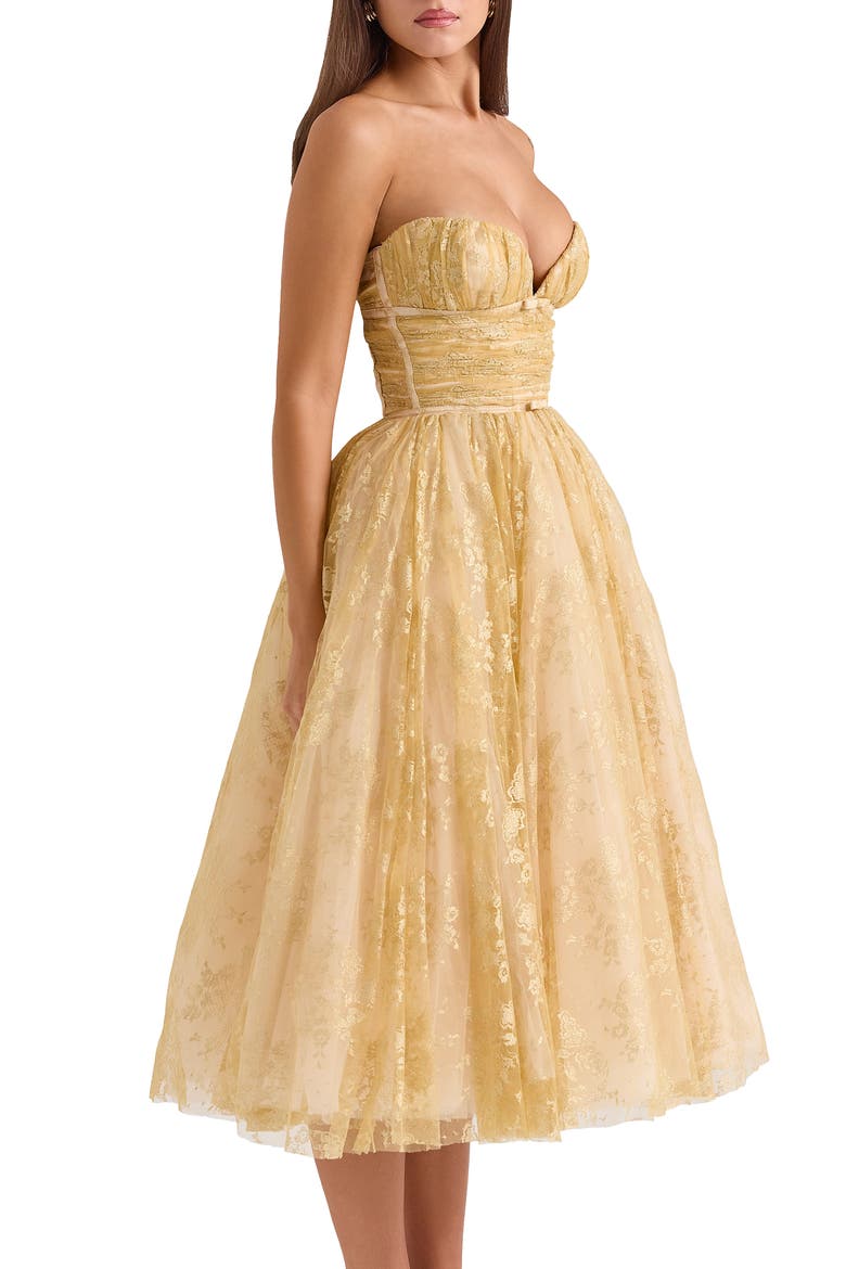Madame Metallic Gathered Strapless Midi Dress, Alternate, color, PEACH DUST