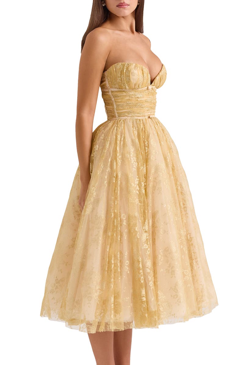 HOUSE OF CB Madame Metallic Gathered Strapless Midi Dress, Alternate, color, Peach Dust