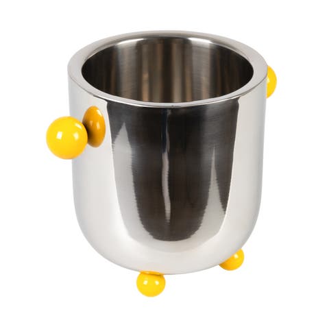Stainless Steel Ice Bucket with Citron Color Enameled Ball Handles and Feet, Silver
