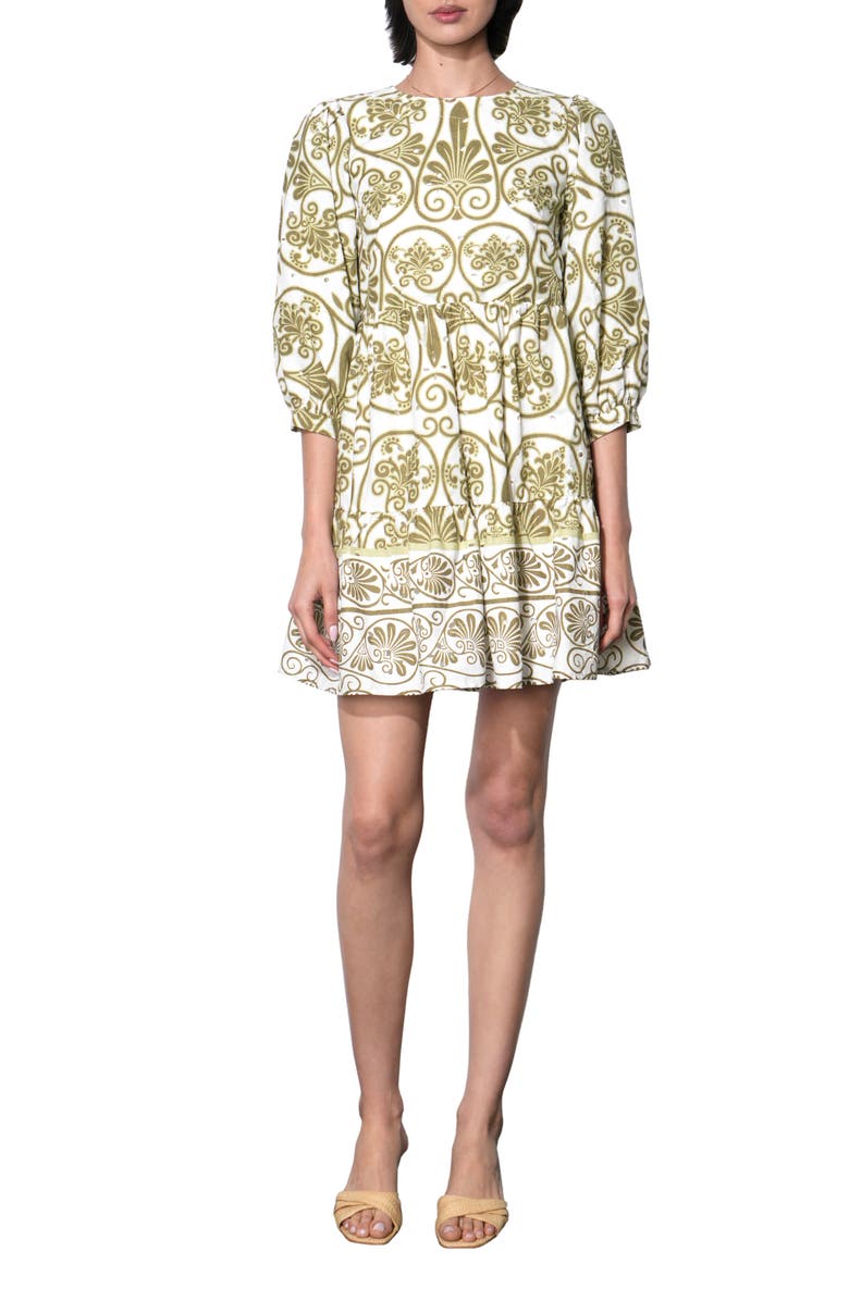 Adelyn Rae Angeline Eyelet Embroidered Print Cotton Shift Dress, Main, color, Olive/ Ivory