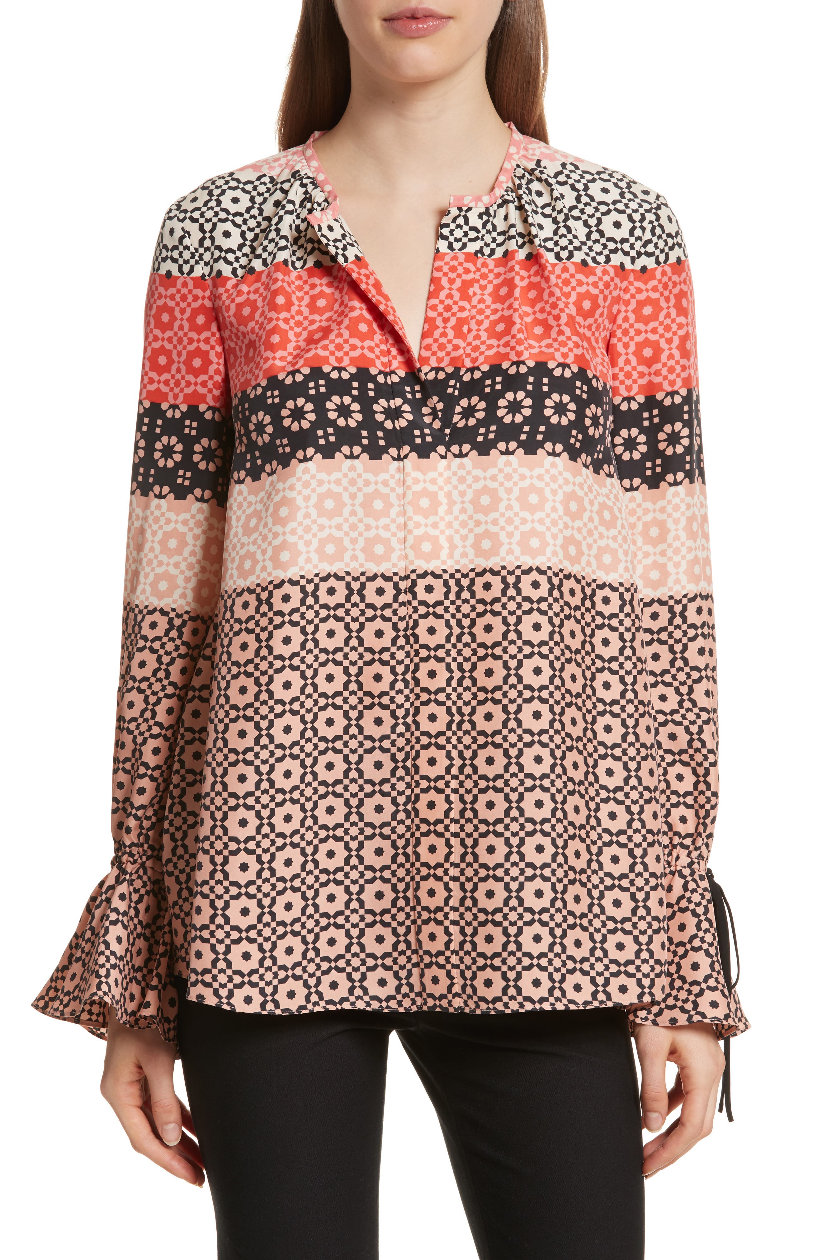Derek Lam 10 Crosby Tie Sleeve Print Silk Blouse