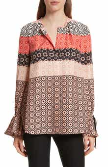 Derek Lam 10 Crosby Tie Sleeve Print Silk Blouse