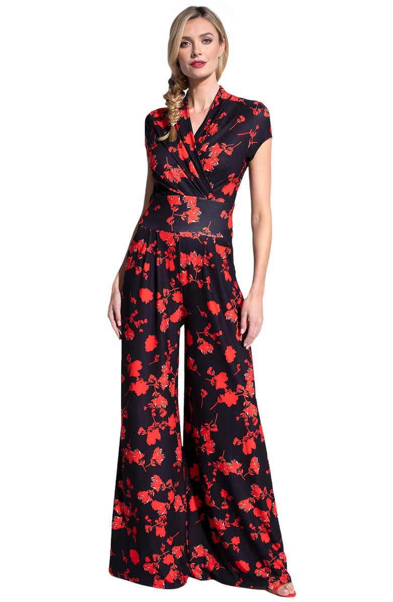 HotSquash London Clothing Faux-Wrap Wide Leg Jumpsuit, Main, color, Red Flowers On Black