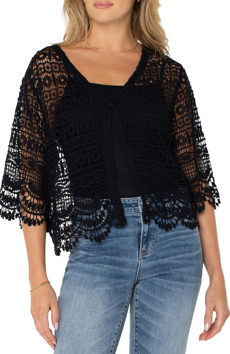Liverpool Los Angeles Short Sleeve Lace Cardigan, Main, color, 