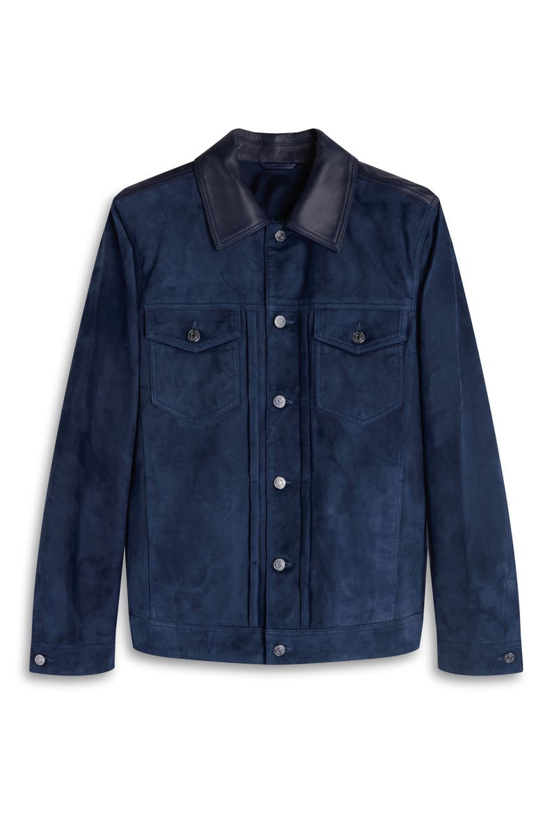 Hybrid Leather Trucker Jacket, Alternate, color, NAVY