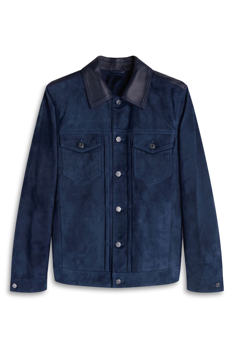 Bugatchi Hybrid Leather Trucker Jacket, Alternate, color, Navy