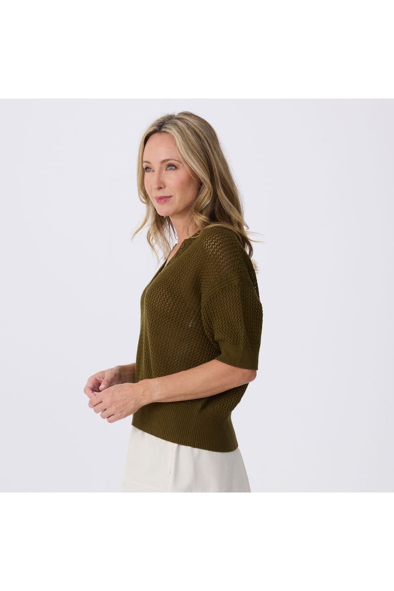 Tansy Short Sleeve Pointelle Henley Sweater, Alternate, color, Dark Olive