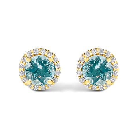 10K Gold Gemstone and 1/6 Cttw Diamond Halo Stud Earring