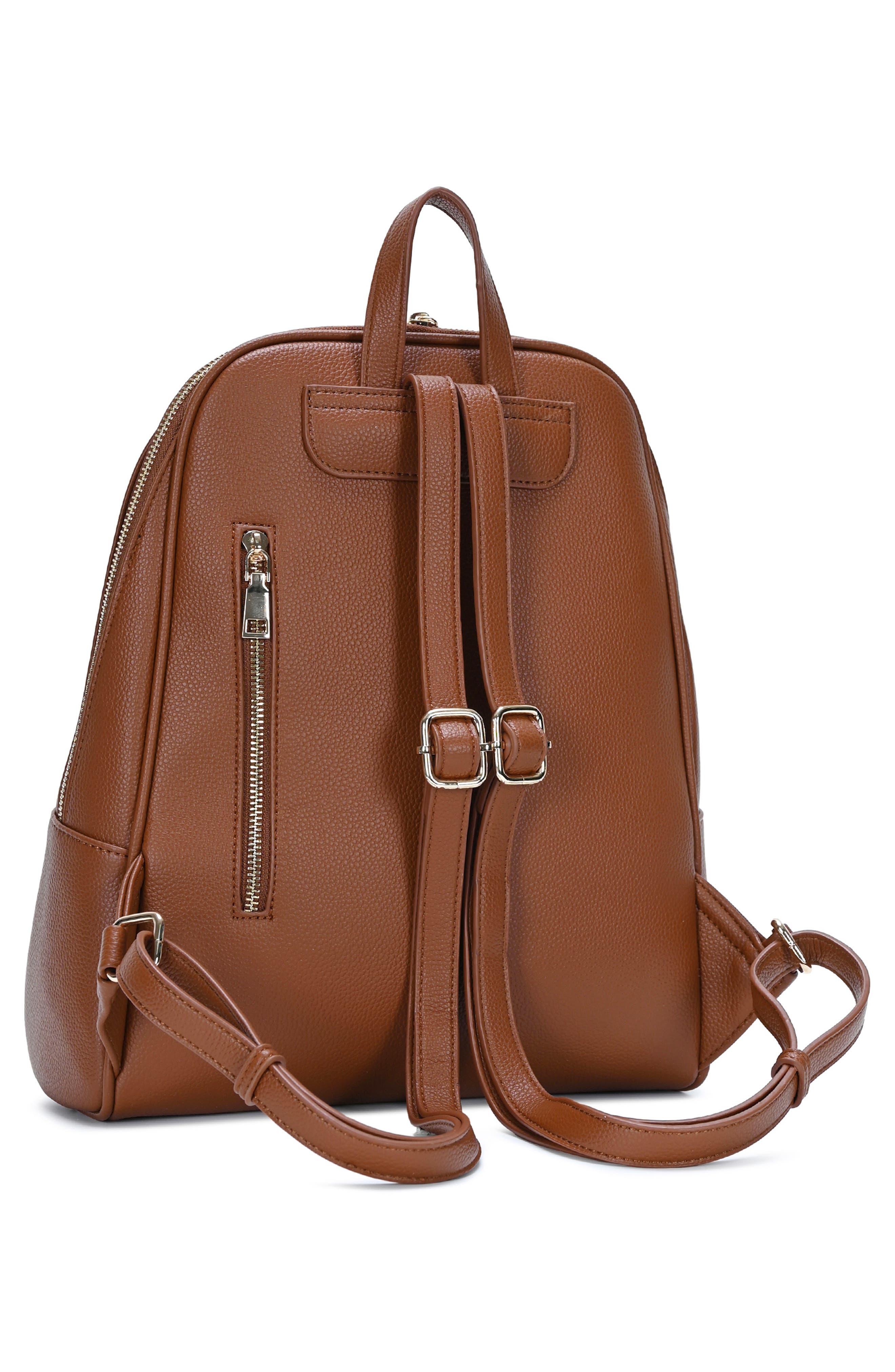 Faux Leather Zip Front Backpack, Alternate, color, BROWN