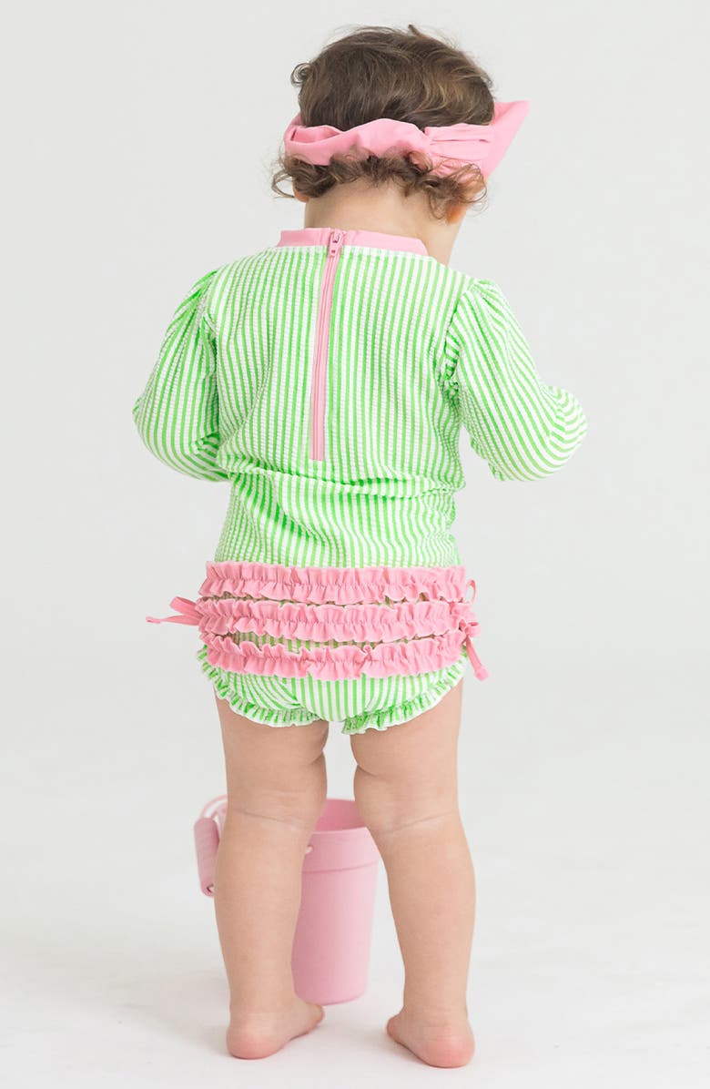 RuffleButts Kids' Seersucker Long Sleeve One-Piece Rashguard Swimsuit, Alternate, color, Green