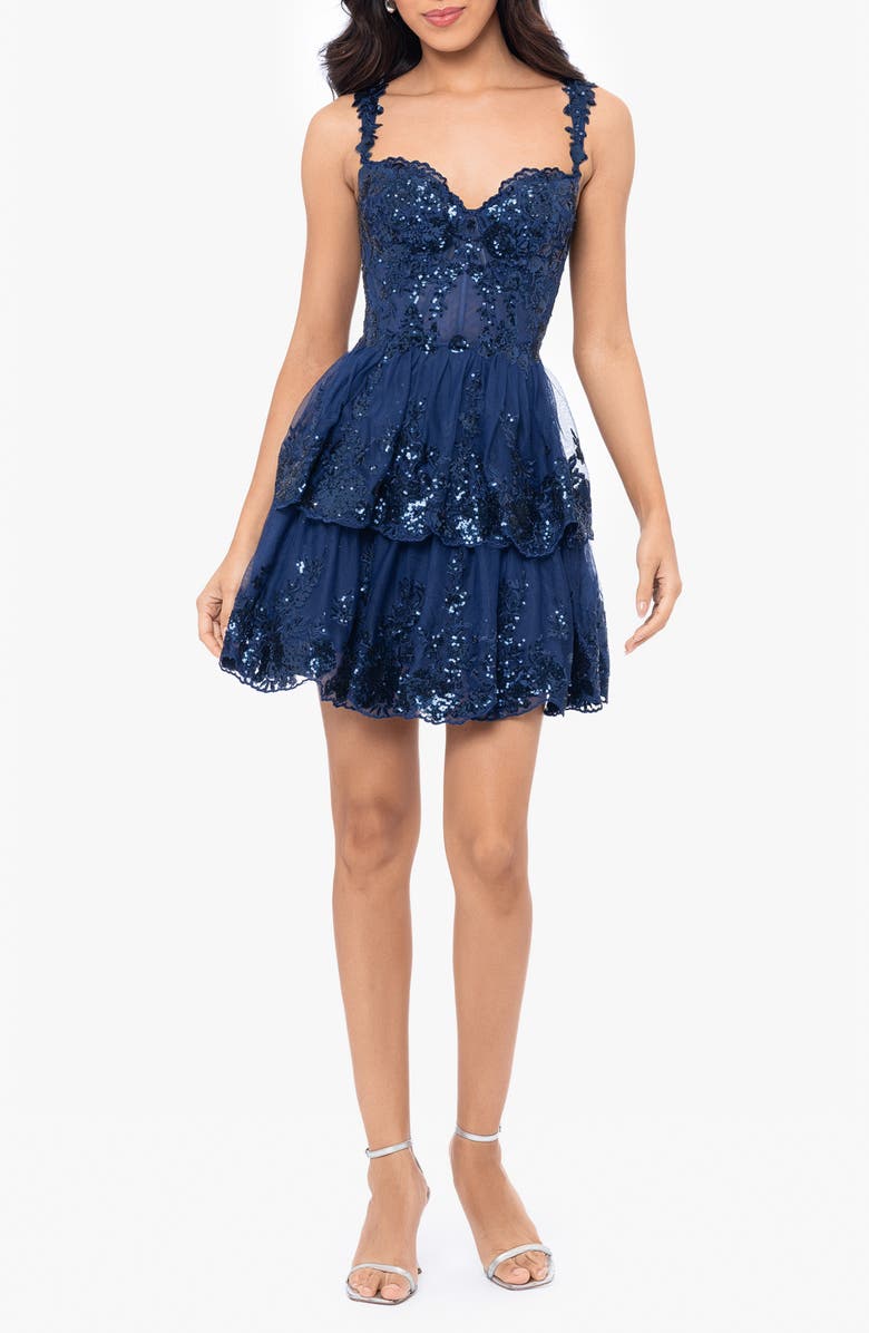 Blondie Nites Sequin Lace Minidress, Main, color, Navy