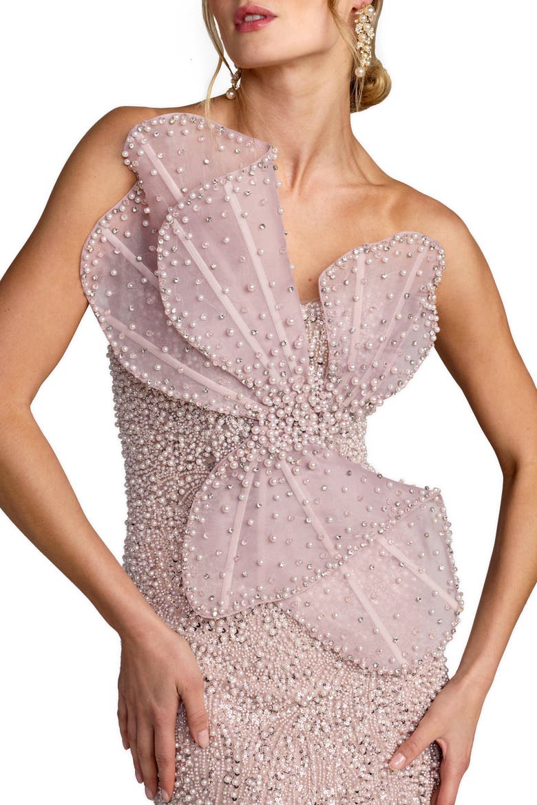 Sequin Organza Strapless Bow Detail Column Gown, Alternate, color, Mocha