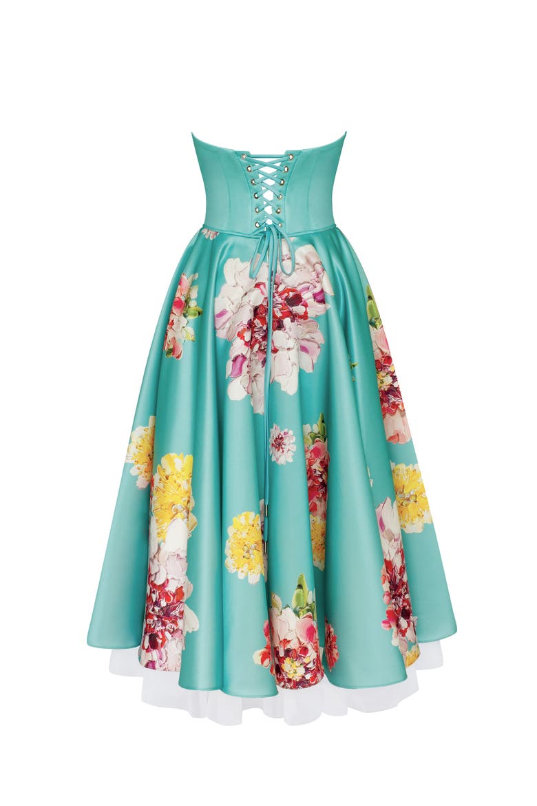 A-Line Satin Floral Print Midi Dress for Cocktail Events, Alternate, color, Aquamarine Floral