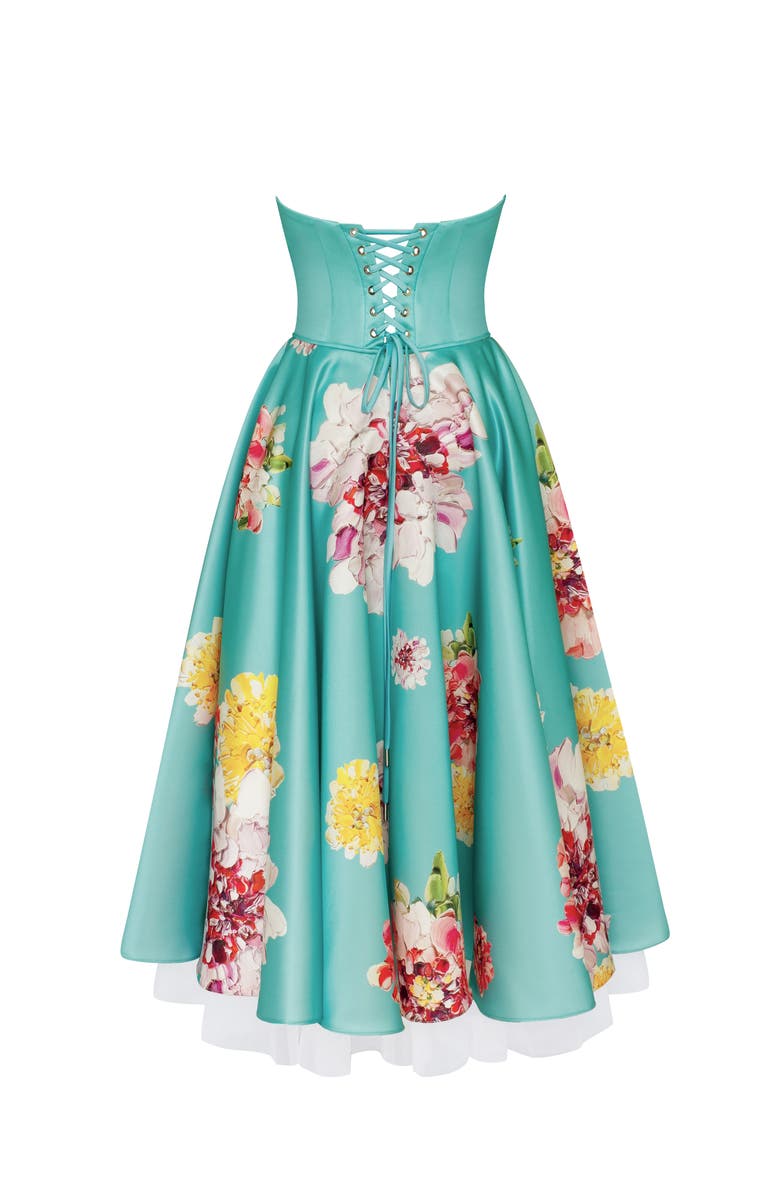 Milla A-Line Satin Floral Print Midi Dress for Cocktail Events, Alternate, color, Aquamarine Floral