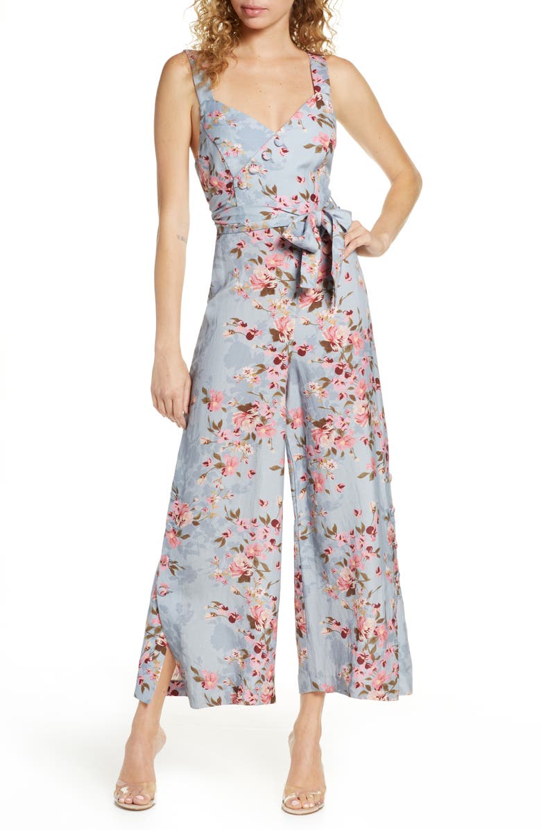 Ever New Floral Split Wide Leg Linen Blend Jumpsuit, Main, color, 