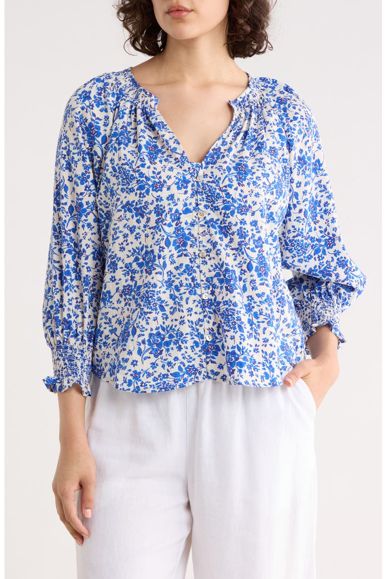 Three Quarter Sleeve Top, Main, color, IVORY/ ROYAL BLUE FLORAL