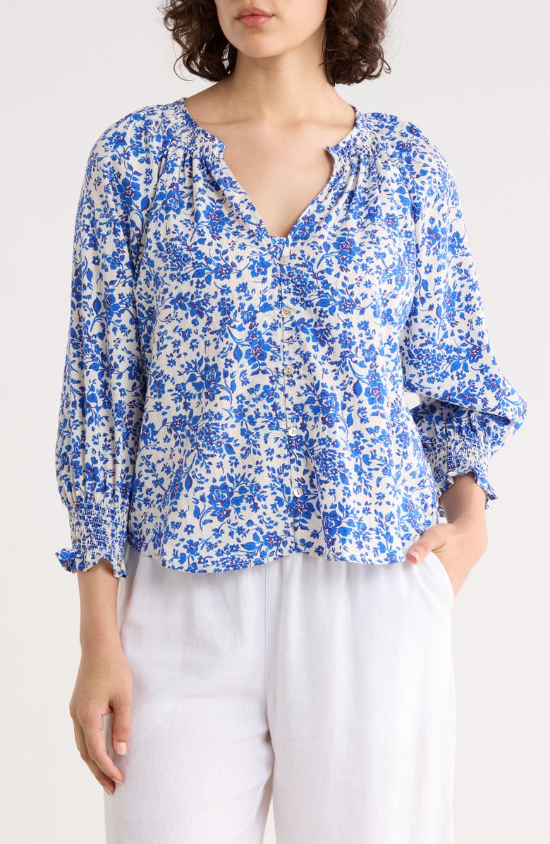 ELIE ELIE TAHARI Three Quarter Sleeve Top, Main, color, Ivory/ Royal Blue Floral