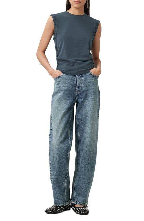 Allsaints Womens Dark Slate Blu West Ruched Stretch Cotton-blend Top In Gray