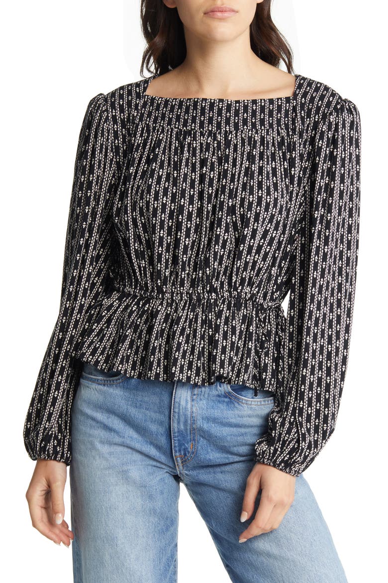 Long Sleeve Peplum Top, Main, color, BLACK TICKING FOULARD