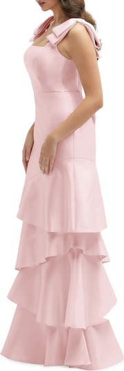 Bow Shoulder Tiered Gown