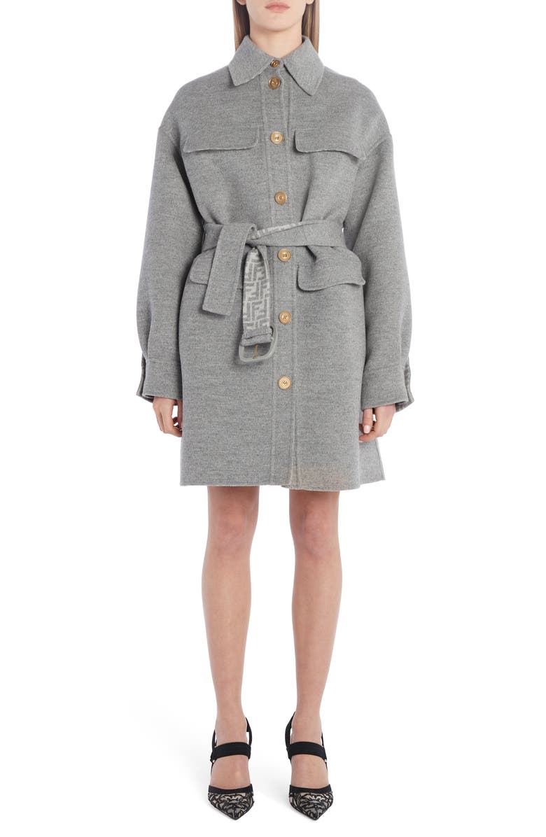 Fendi FF Logo Belted Fleece Wool & Silk Coat, Main, color, 