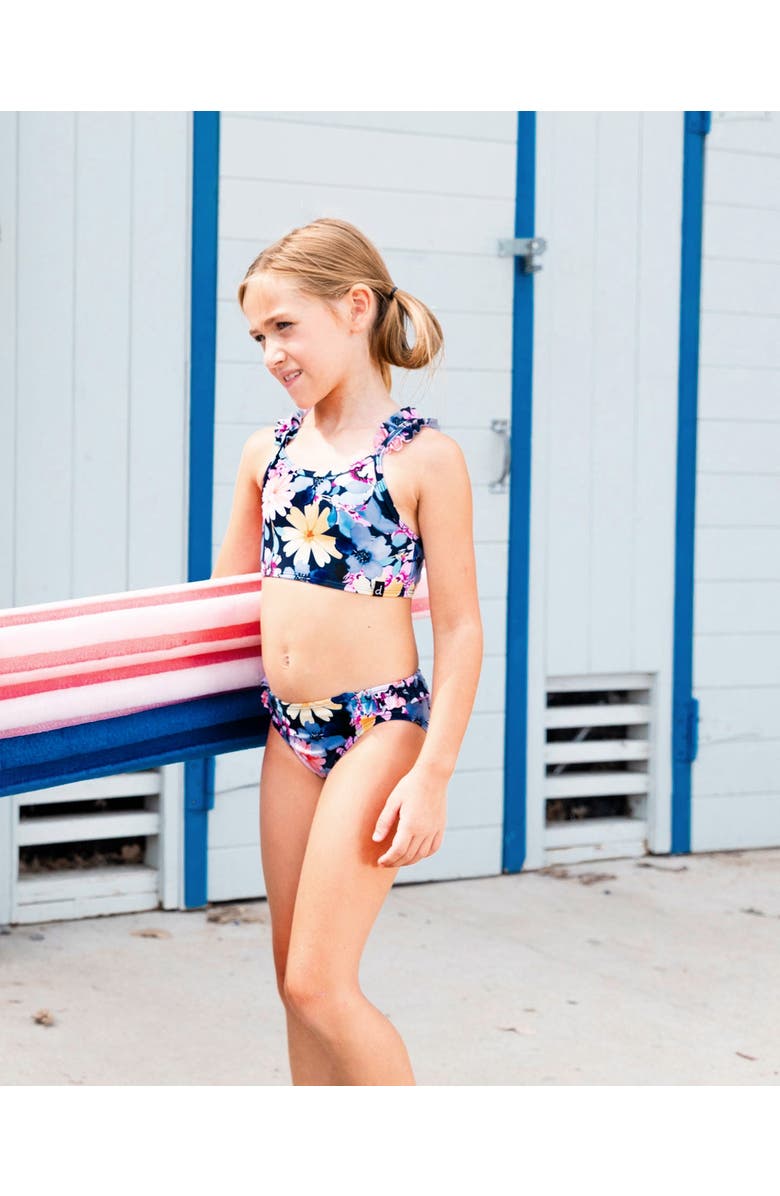 Deux par Deux Little Girl's Printed Two-Piece Swimsuit Navy And Yellow And Pink Flowers, Alternate, color, 