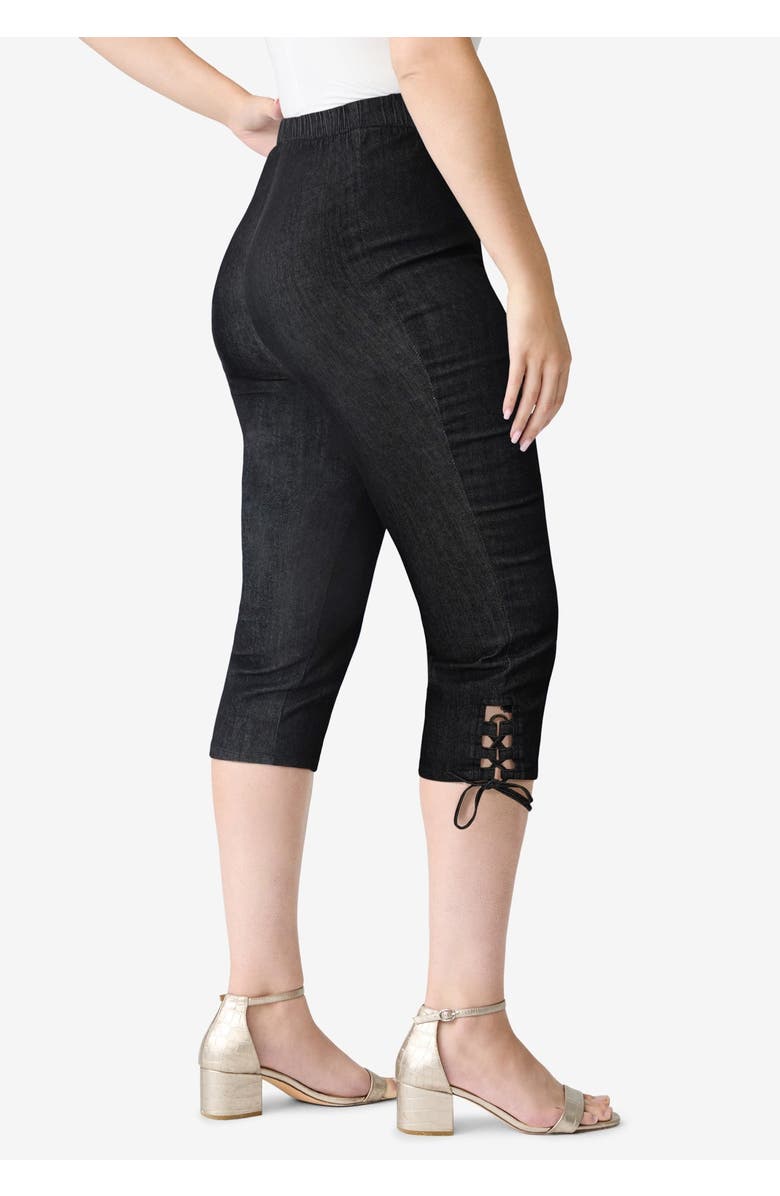 Roaman's Plus Size Comfort Stretch Lace Up Capri Jean, Alternate, color, Black Denim