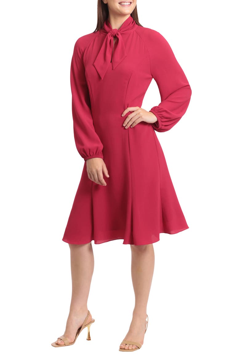 Tie Neck Long Sleeve Fit & Flare Dress, Main, color, PERSIAN RED