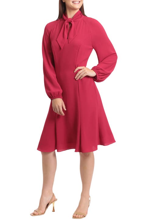 Tie Neck Long Sleeve Fit & Flare Dress
