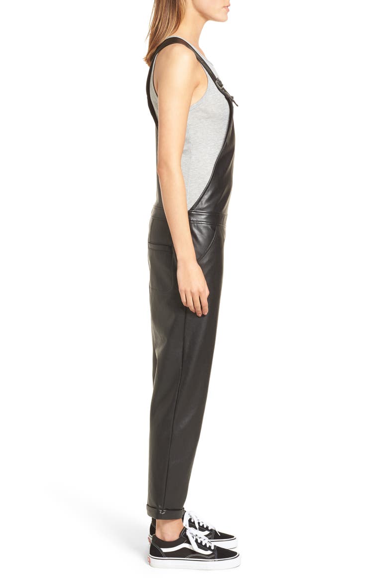 Faux Leather Overalls, Alternate, color, BLACK
