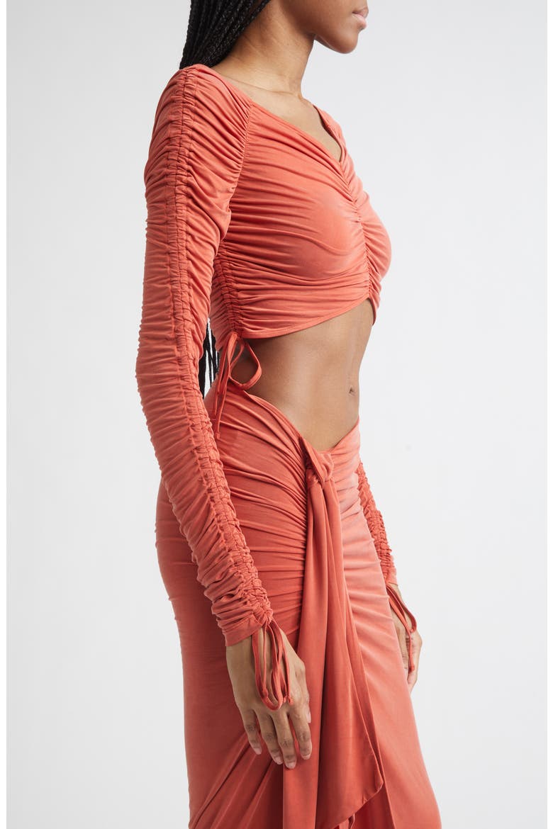 Crop Long Sleeve Ruched Jersey Top, Alternate, color, 3GM DARK RED